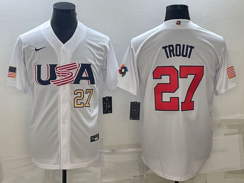 Men 2023 World Cub USA #27 Trout White Nike MLB Jersey3